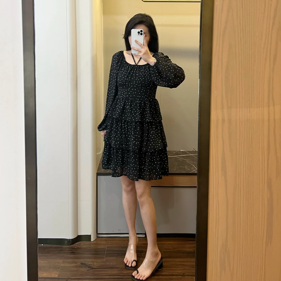 微胖定制【DM151】遮肚气质显瘦藏肉长袖波点连衣裙