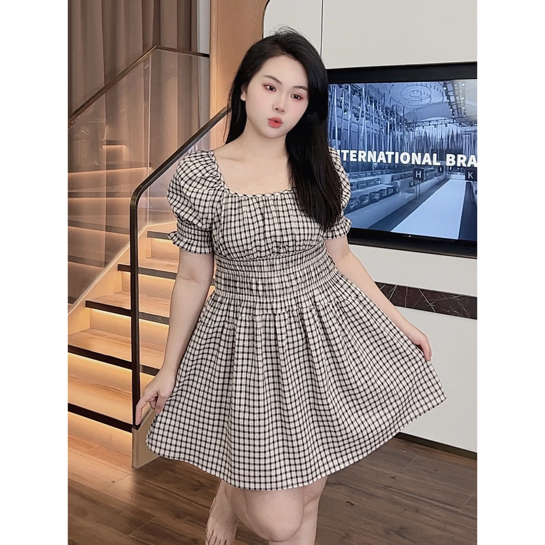 微胖定制【DM562】夏季小个子法式名媛舒适透气显瘦微胖格子