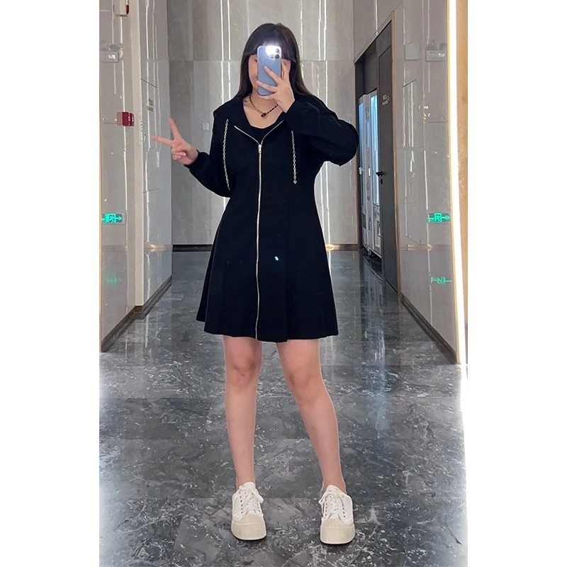 微胖定制连衣裙女新款袖微胖mm宽松显瘦连帽遮肚裙子JN2128