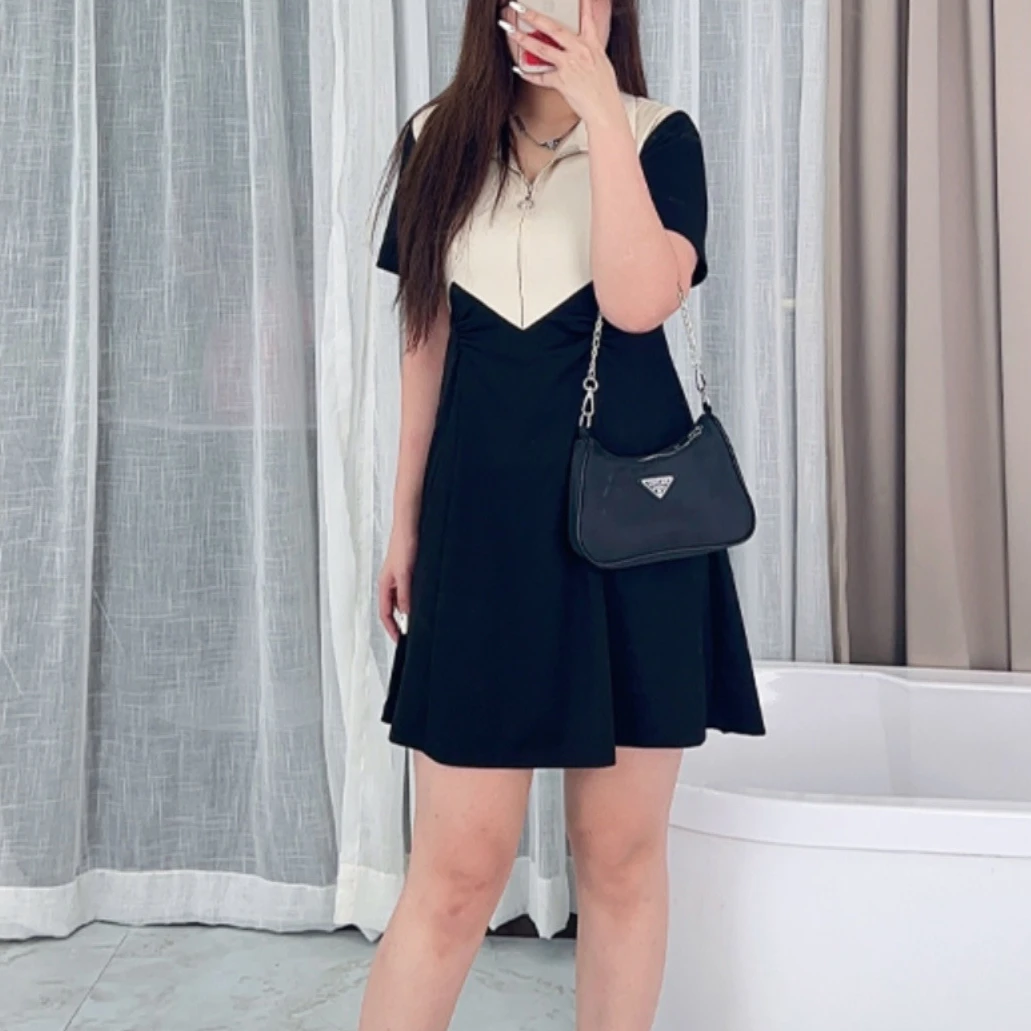 微胖夏季新款撞色时尚洋气拼接设计Polo领遮肉显瘦连衣裙HC035