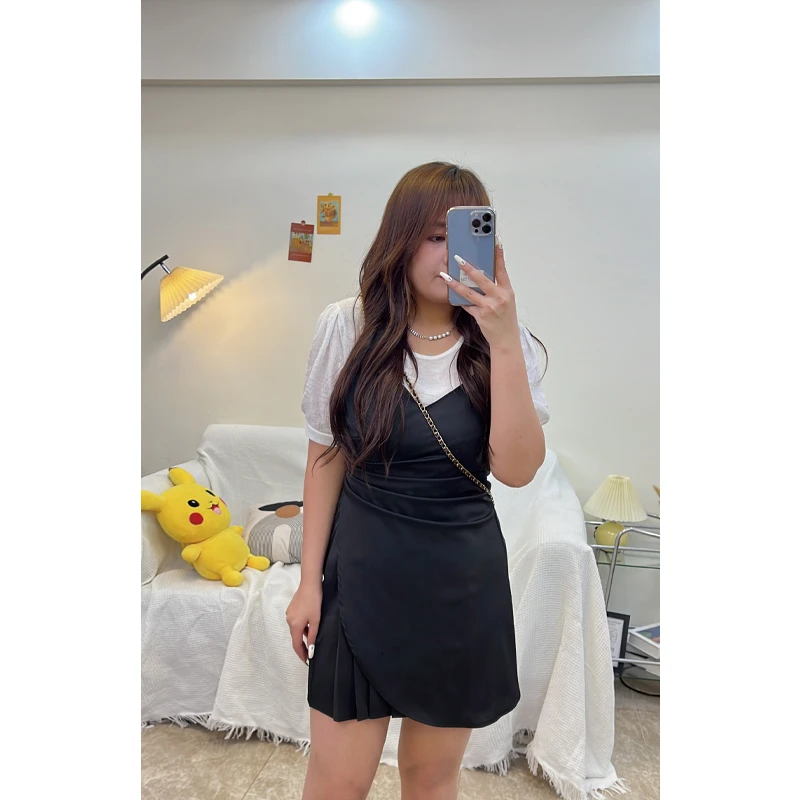 微胖定制~【罗马假日】法式拼接不规则假两件短裙HC026