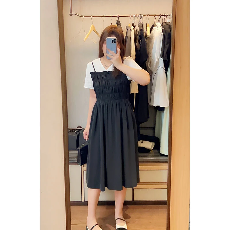 微胖定制连衣裙女夏季新款法式V领假两件刺绣蕾丝吊带HC056