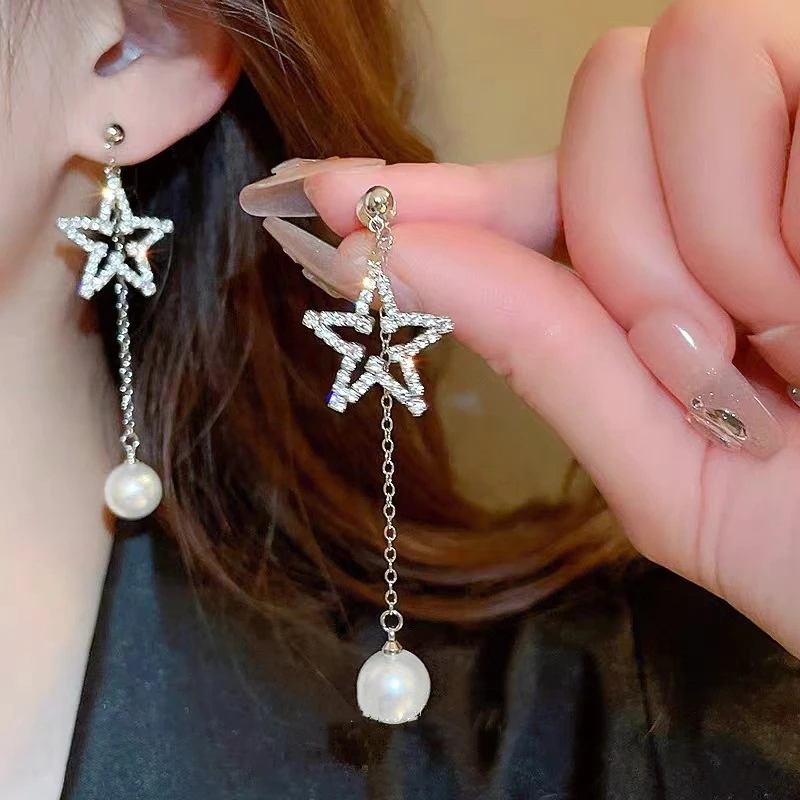 合金耳饰 精致满钻星星流苏耳环显脸小瘦长款耳钉高级感独特耳钉