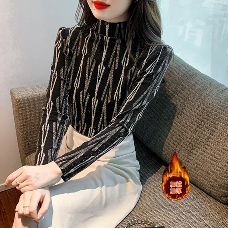 2023加绒打底衫女长袖春秋冬装气质立领网纱小衫宽松内搭外穿上衣