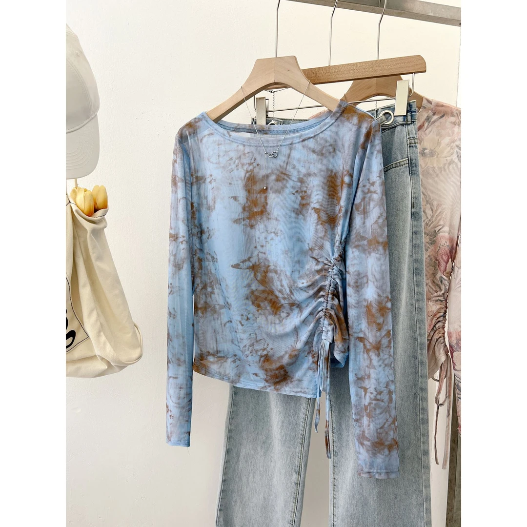 夏季薄款小个子胖MM大码扎染网纱打底衫女防晒衣水墨画设计感T恤