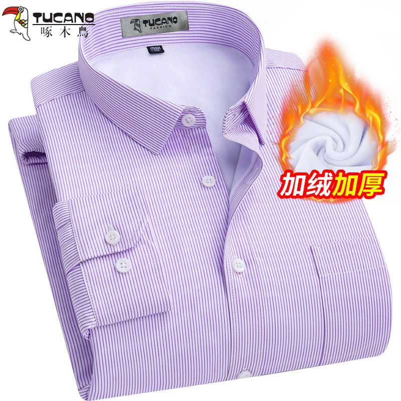 啄木鸟加绒加厚保暖长袖衬衫莫代尔商务休闲紫色条纹保暖男士衬衣