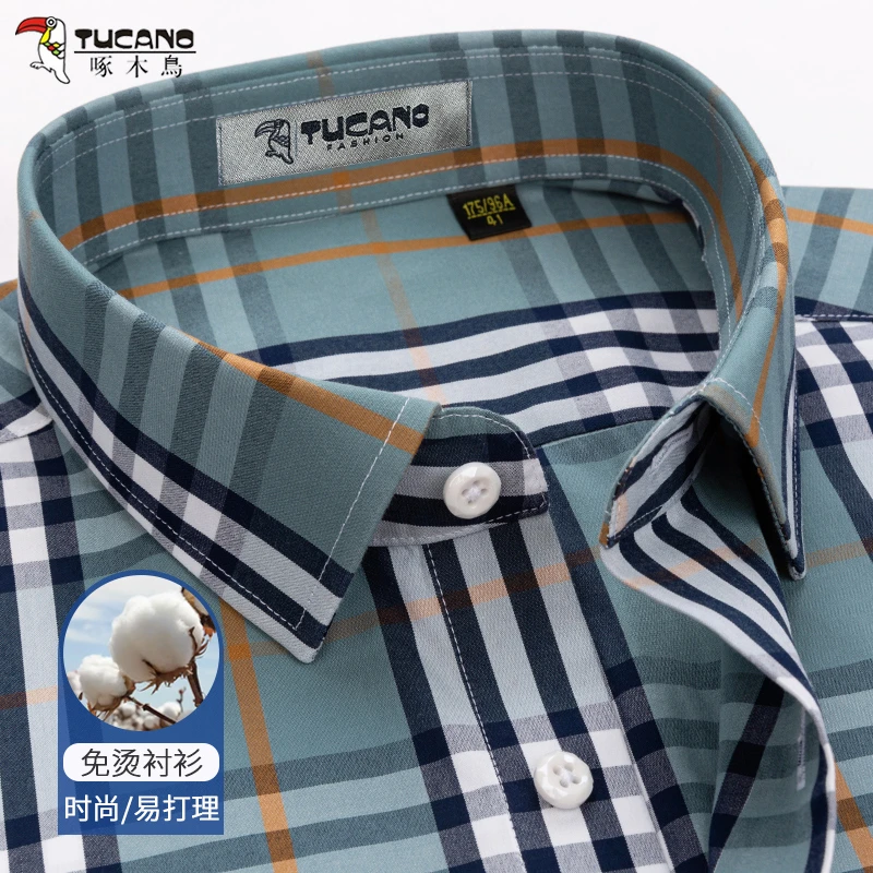 啄木鸟纯棉免烫衬衫男长袖绿白大格子休闲春季全棉中年爸爸衬衣男