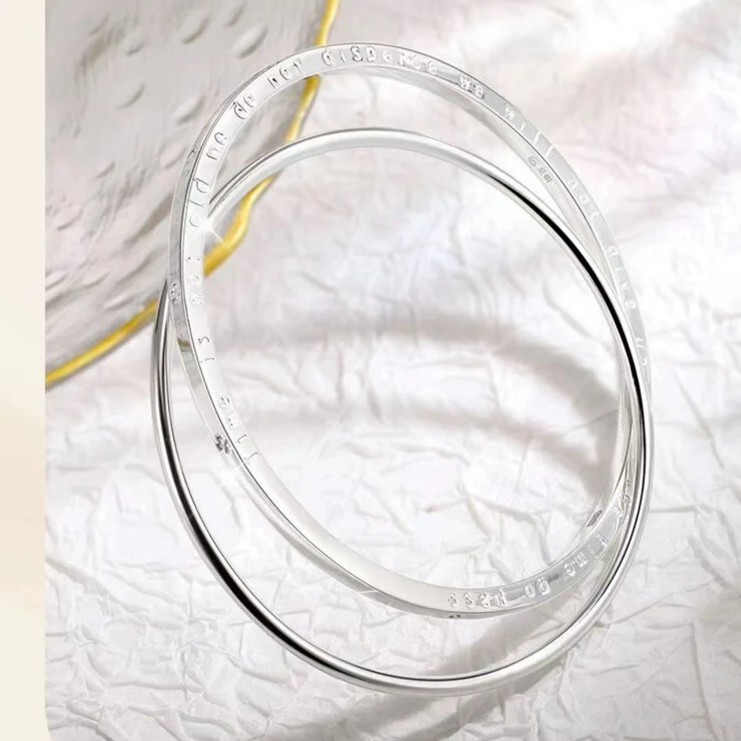 足银银制品 A16环环相扣两圈百搭手镯时尚简约光面四叶草刻字