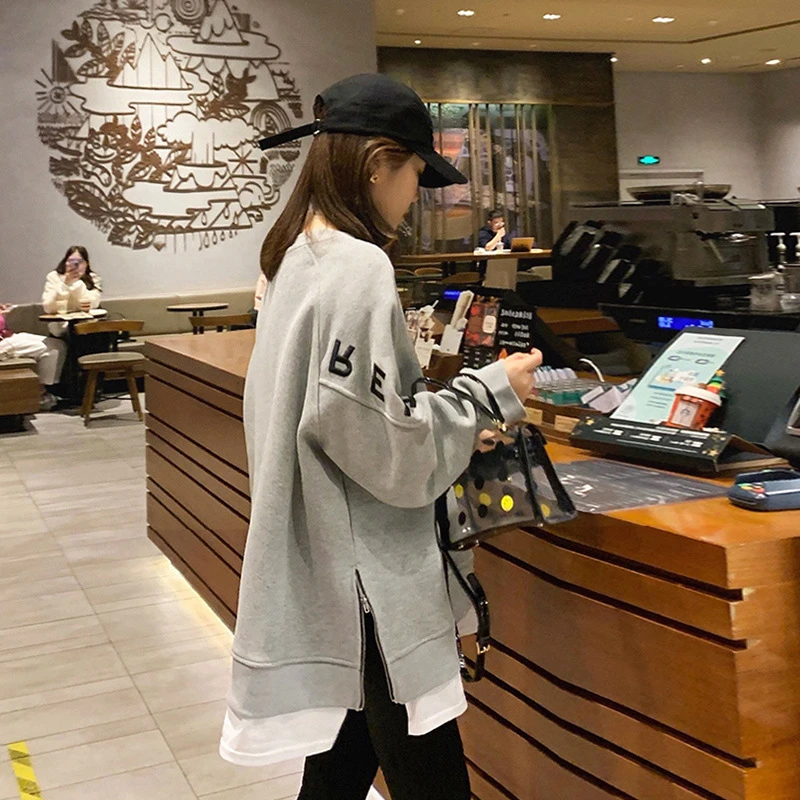 拼接2025新款灰色假两件秋冬中长款卫衣女设计感开叉长袖宽松上衣