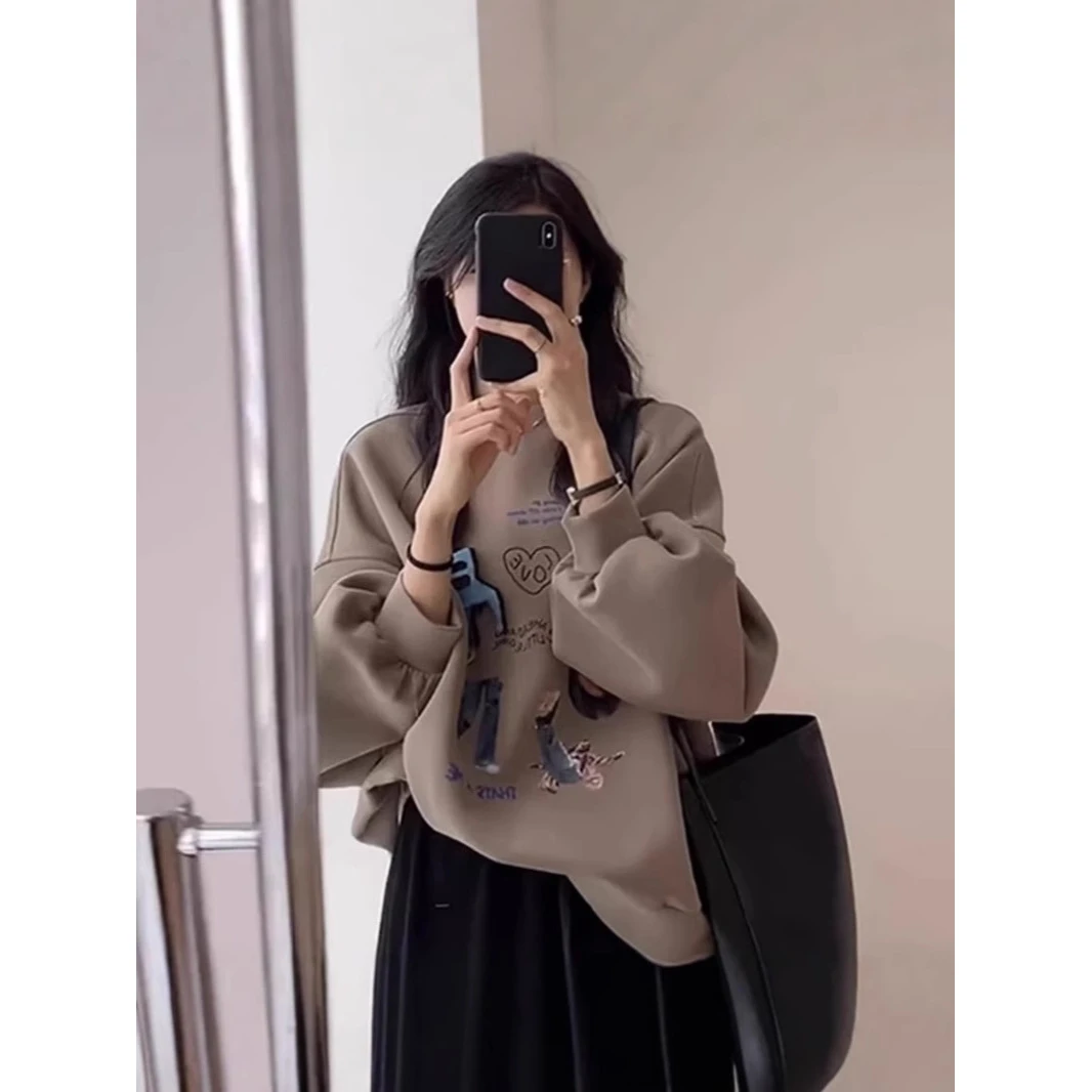 欧货爆款2025新款小个子圆领加绒卫衣女装秋冬美式慵懒风遮臀上衣