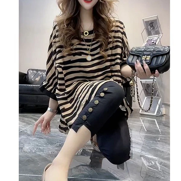 韩版宽松圆领条纹上衣女中长款2025夏季新款时尚宽松显瘦短袖T恤