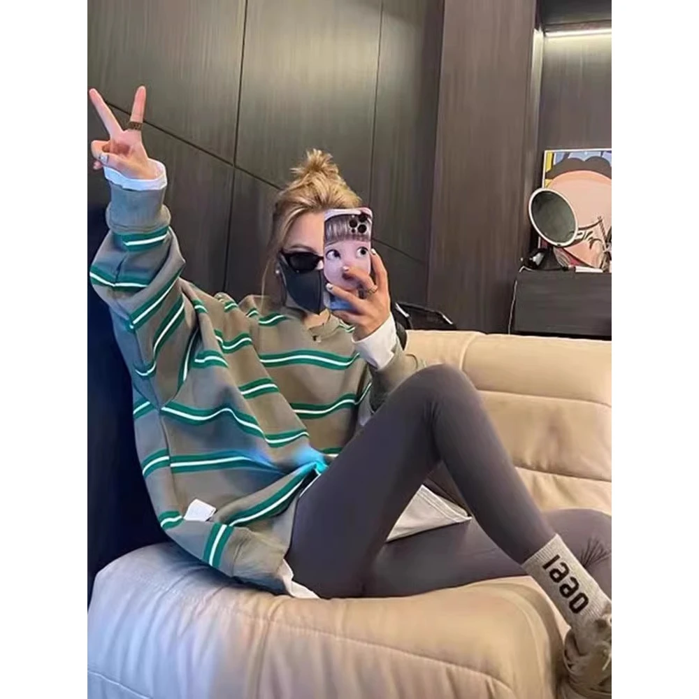 绿色条纹圆领卫衣女装2025新款爆款宽松慵懒风秋冬中长款外套上衣