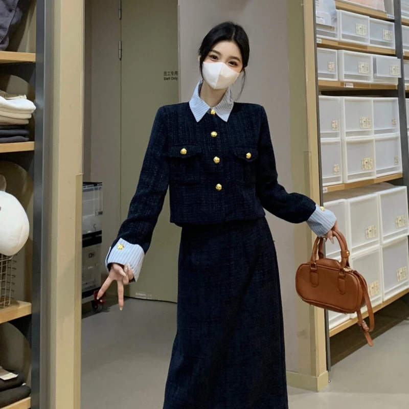 胖MM【100-200斤】大码法式名媛小香风冬季加绒翻领外套+高腰半身裙