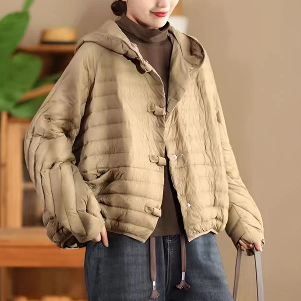 胖MM【90白鸭绒】大码连帽秋冬短款长袖保暖宽松盘扣羽绒服女装外套