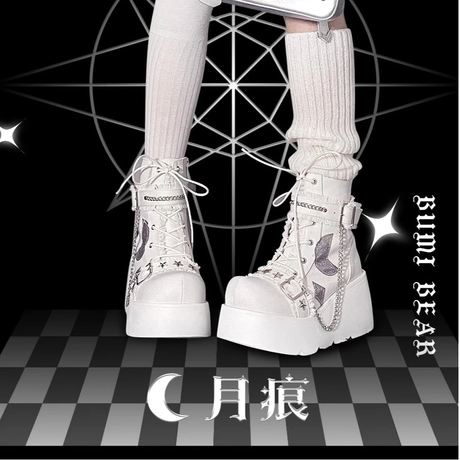 月痕靴子步美熊原创lolita辣妹帆布高跟厚底鞋春秋新款牛仔单靴子