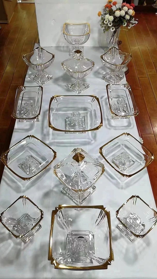 新款法式轻奢风14头水晶果盘家用高档豪华水晶果盘法式描金果盘