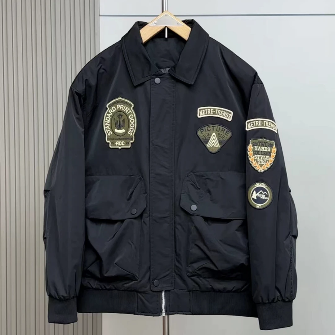 冬季新款工装休闲翻领棉衣男韩版潮牌贴标保暖外套简约宽松棉服