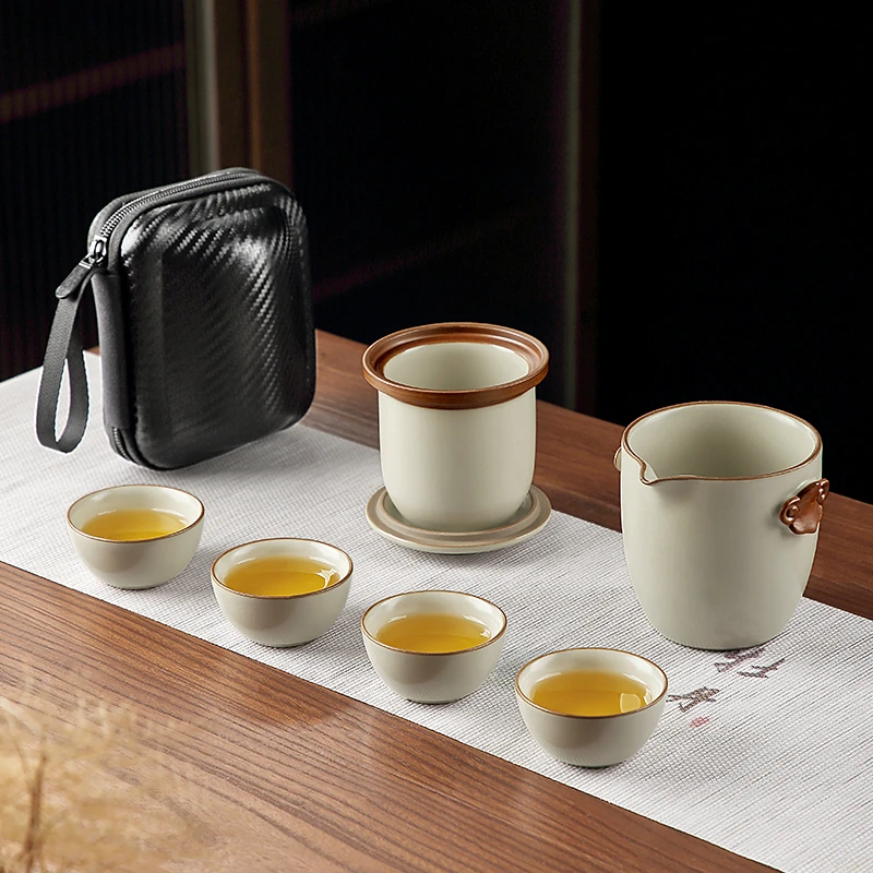 旅行茶具套装便携高端茶器汝窑快客杯一壶四杯露营泡茶装备
