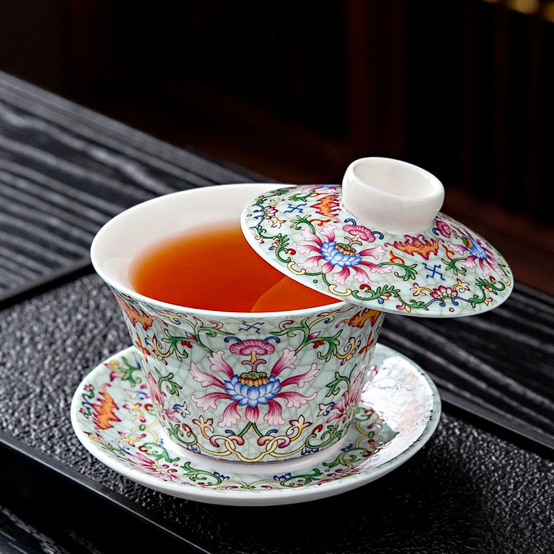 功夫茶碗高颜值珐琅彩悬停三才盖碗茶杯家用轻奢高档防烫泡茶茶具