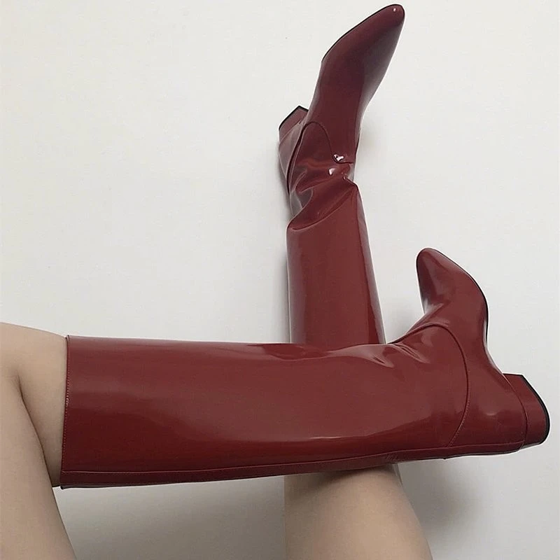 2024新款欧美英伦红色套筒低跟高筒复古韩版骑士长靴不过膝直筒靴