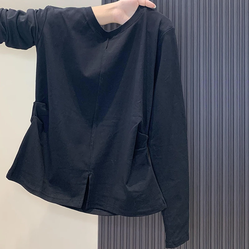 大码胖mm200斤欧货简约纯色下摆开叉设计遮肉显瘦长袖t恤女秋小众