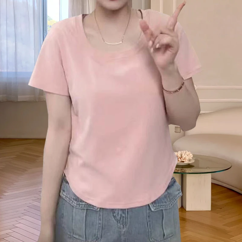 大码胖mm200斤夏季纯色圆弧下摆遮肉显瘦辣妹短袖t恤女新款上衣潮