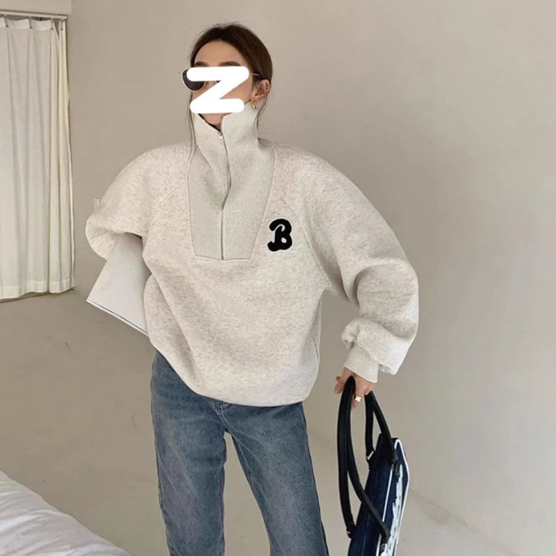 大码胖mm245斤潮牌青春减龄半拉链翻领卫衣女秋冬季加绒休闲上衣