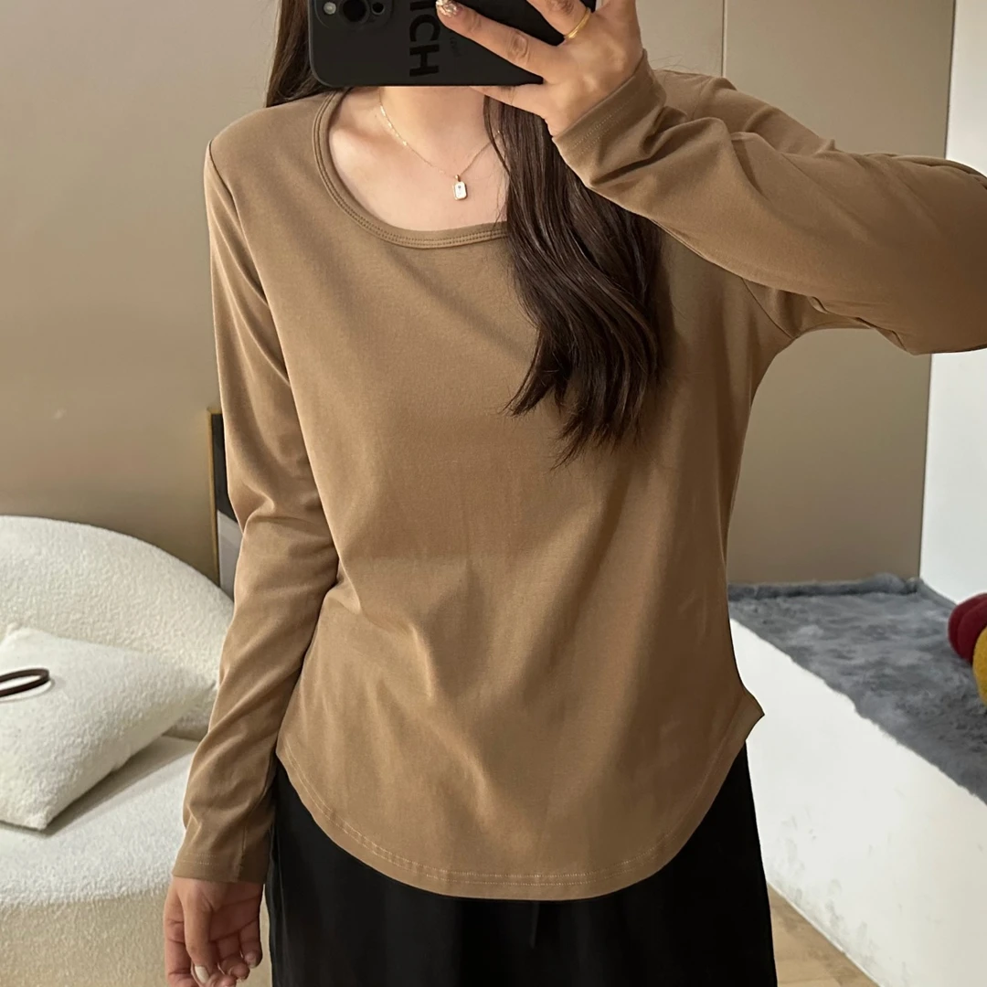 大码胖m200斤洋气方领设计感打底衫女纯色减龄显瘦正肩内搭上衣秋