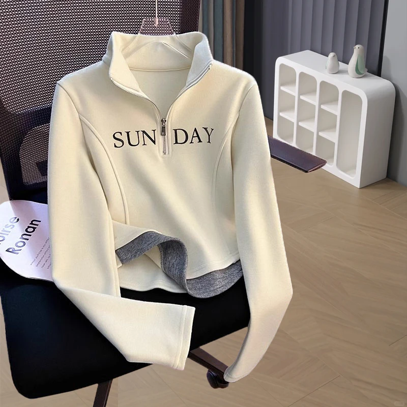 大码胖mm200斤美式气质半拉链设计正肩显瘦假两件长袖t恤女秋冬季