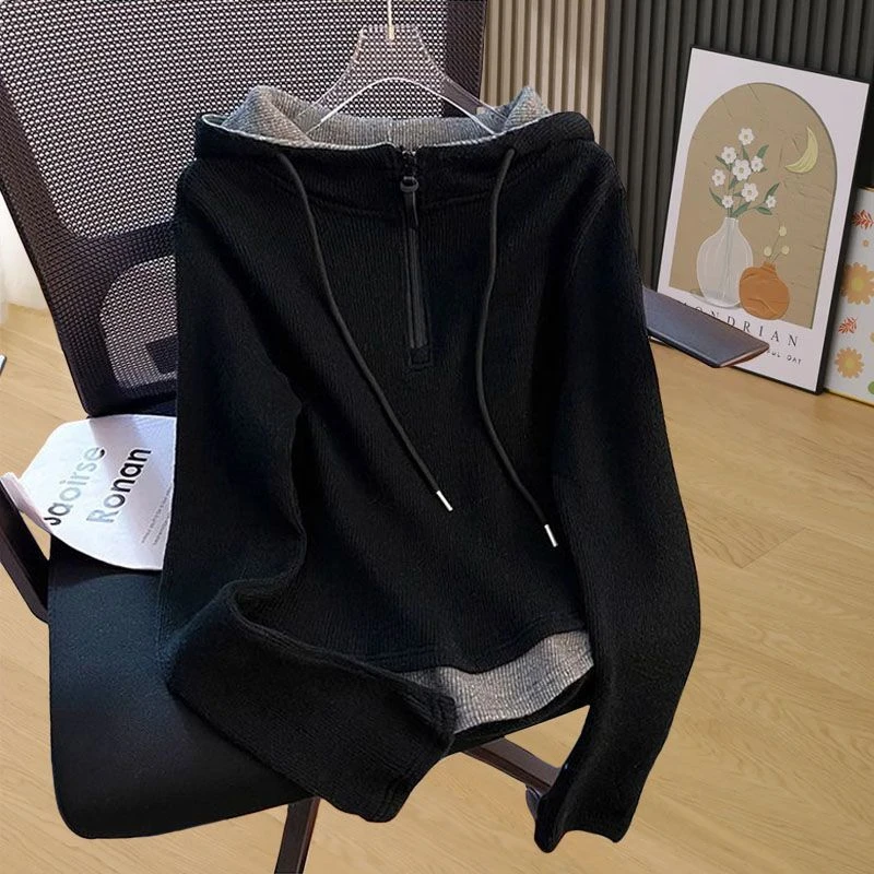 大码胖mm200斤运动休闲风半拉链连帽加厚磨毛卫衣女秋冬宽松遮肉