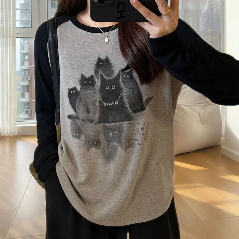 大码胖mm200斤洋气复古猫咪印花磨毛长袖t恤女春秋季圆领韩版上衣