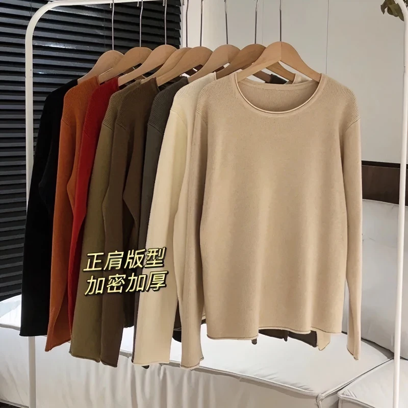 秋冬新款毛衣女卷边设计减龄chic正肩显瘦百搭套头圆领宽松针织衫