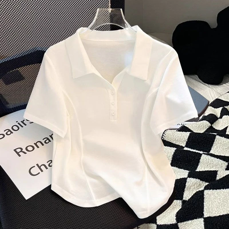 大码胖mm200斤正肩白色显瘦排扣polo衫女夏季宽松百搭洋气短袖t恤