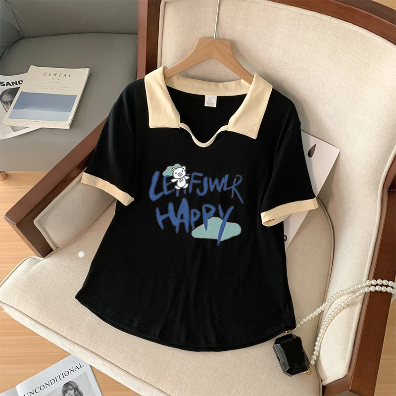 大码胖mm200斤洋气复古小众印花V领撞色短袖t恤女夏季新款上衣ins