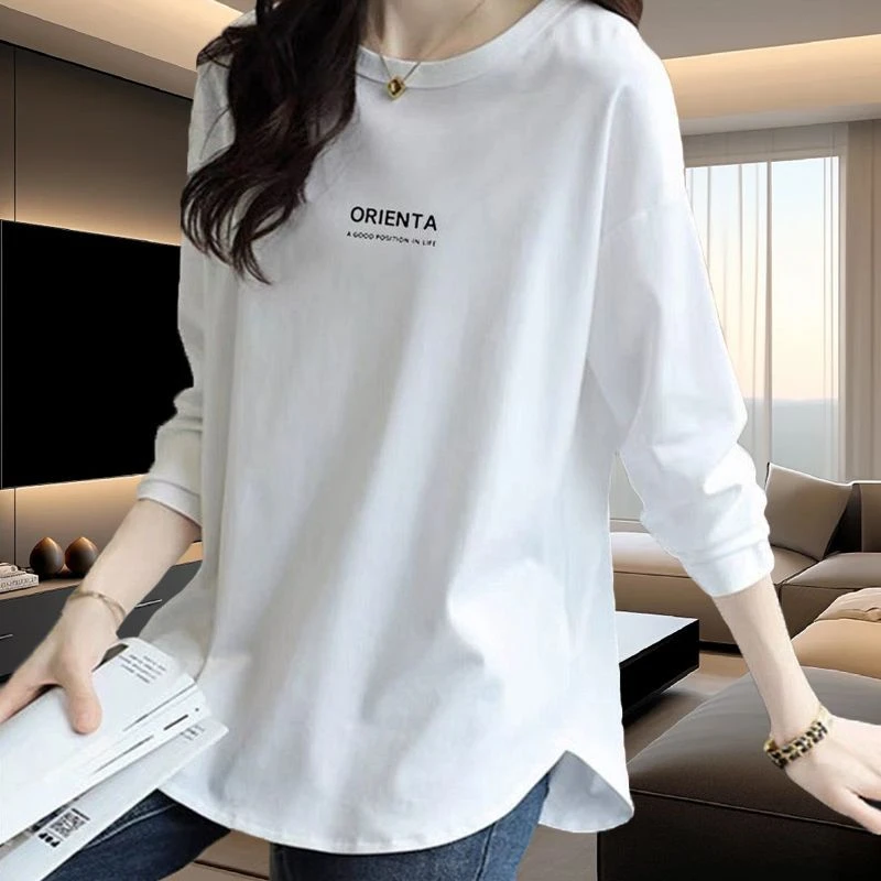 大码胖mm300斤简约韩版2025新款中长款弧形下摆遮肉长袖t恤女秋季