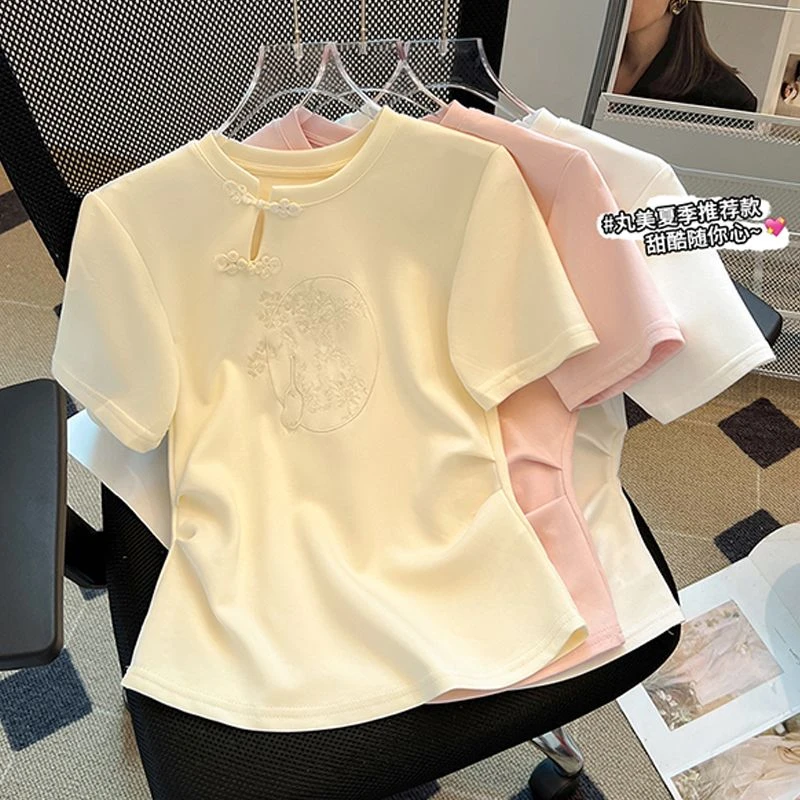 大码胖mm200斤夏日气质盘扣国风小众纯色刺绣上衣褶皱收腰短袖t恤