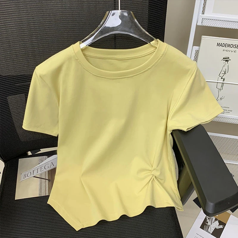 大码胖mm200斤韩版下摆褶皱设计遮肉显瘦短袖t恤女减龄气质上衣夏