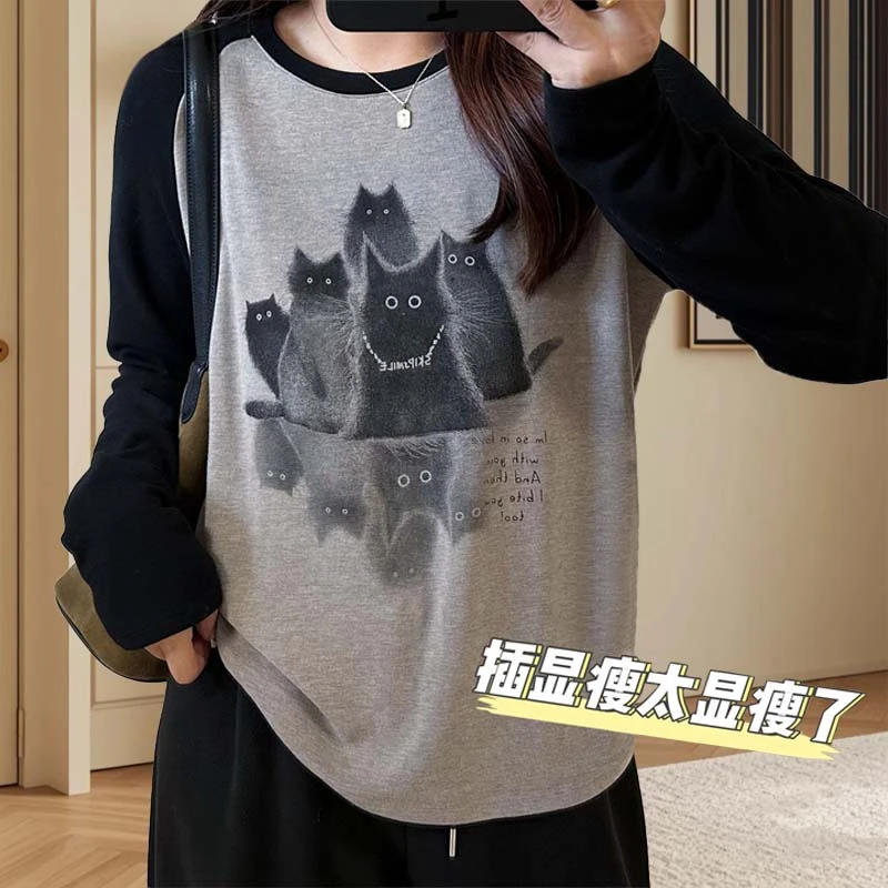 大码胖mm200斤洋气小众插肩袖加厚磨毛长袖t恤女秋冬显瘦正肩内搭