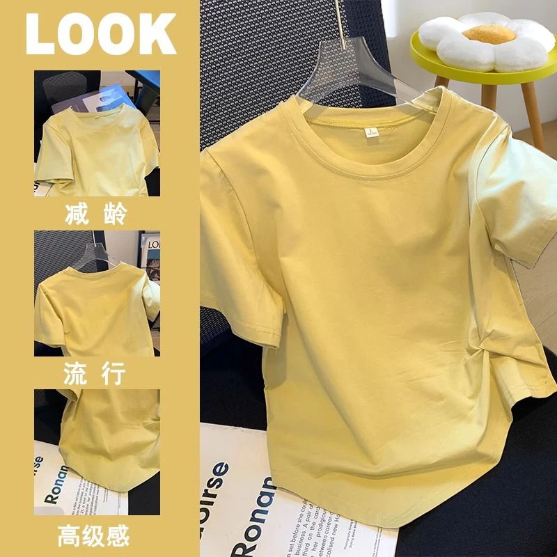 大码胖mm200斤纯色简约捏褶设计正肩短袖t恤女夏季显瘦百搭上衣潮