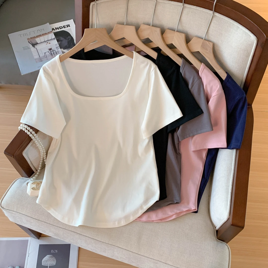 大码胖mm200斤洋气简约方领短袖t恤女2025年新款小众韩版内搭上衣