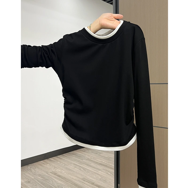 胖mm200斤气质港风拼接褶皱收腰假两件长袖t恤女秋冬春秋磨毛上衣