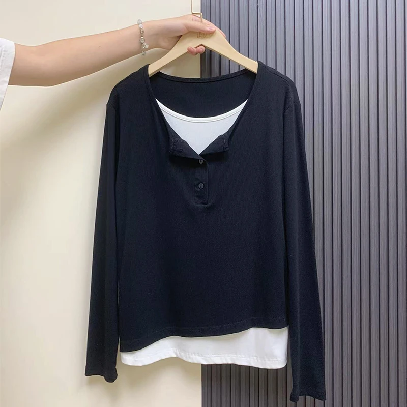 大码胖mm200斤温柔风简约排扣假两件上衣女秋时尚洋气遮肉长袖t恤