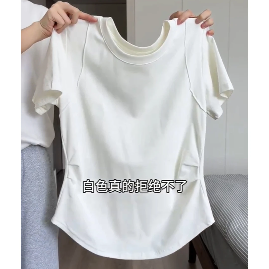大码胖mm200斤法式别致收腰遮肚子正肩短袖t恤女百搭减龄上衣夏季