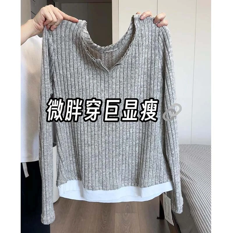 大码胖m200斤秋冬新款正肩v领假两件上衣女港风小众设计感长袖t恤