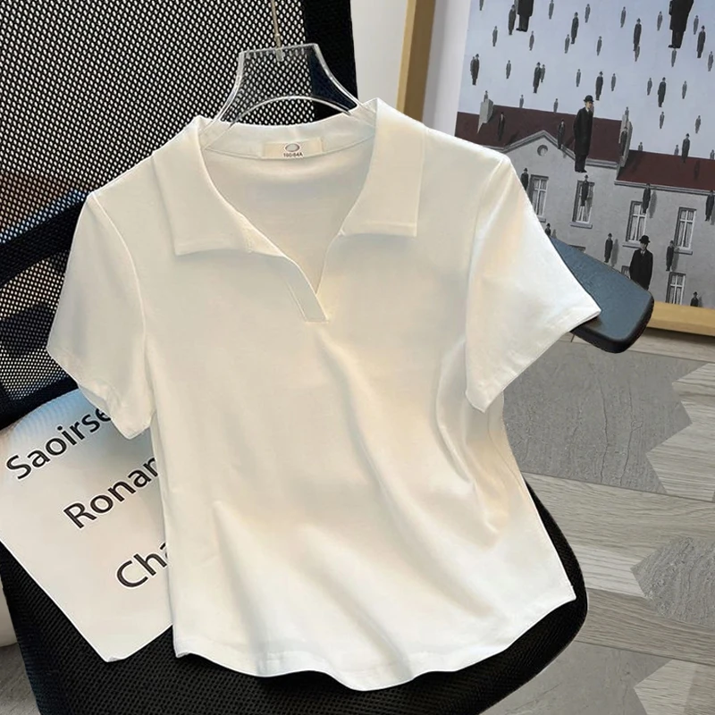 大码胖mm200斤个性学院风百搭polo衫女夏ins洋气V领设计感短袖t恤