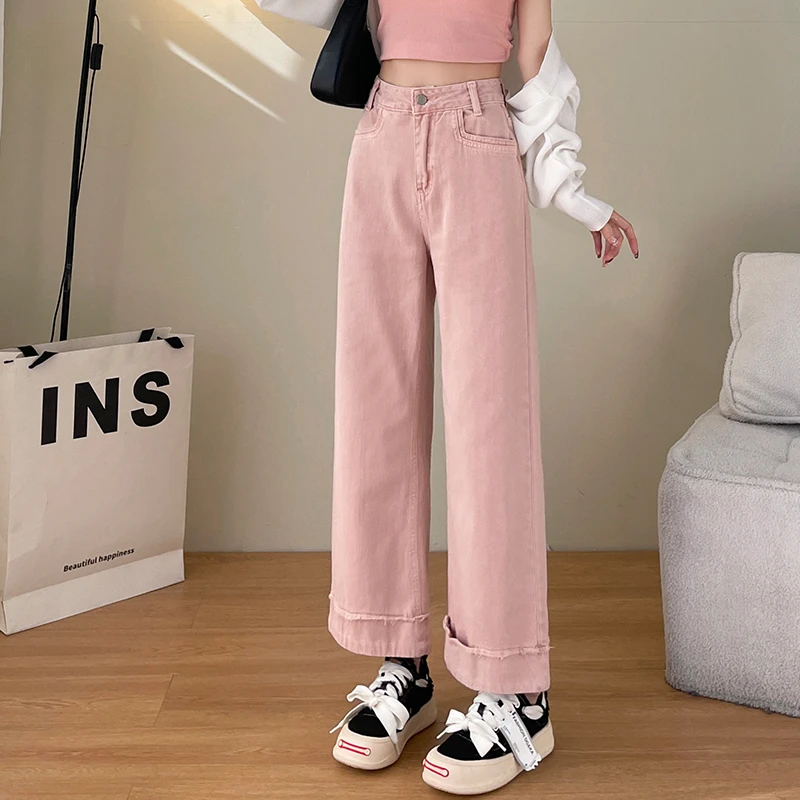 爆款2024九分直筒卷边牛仔裤高腰百搭显瘦休闲小个子时髦潮搭韩版