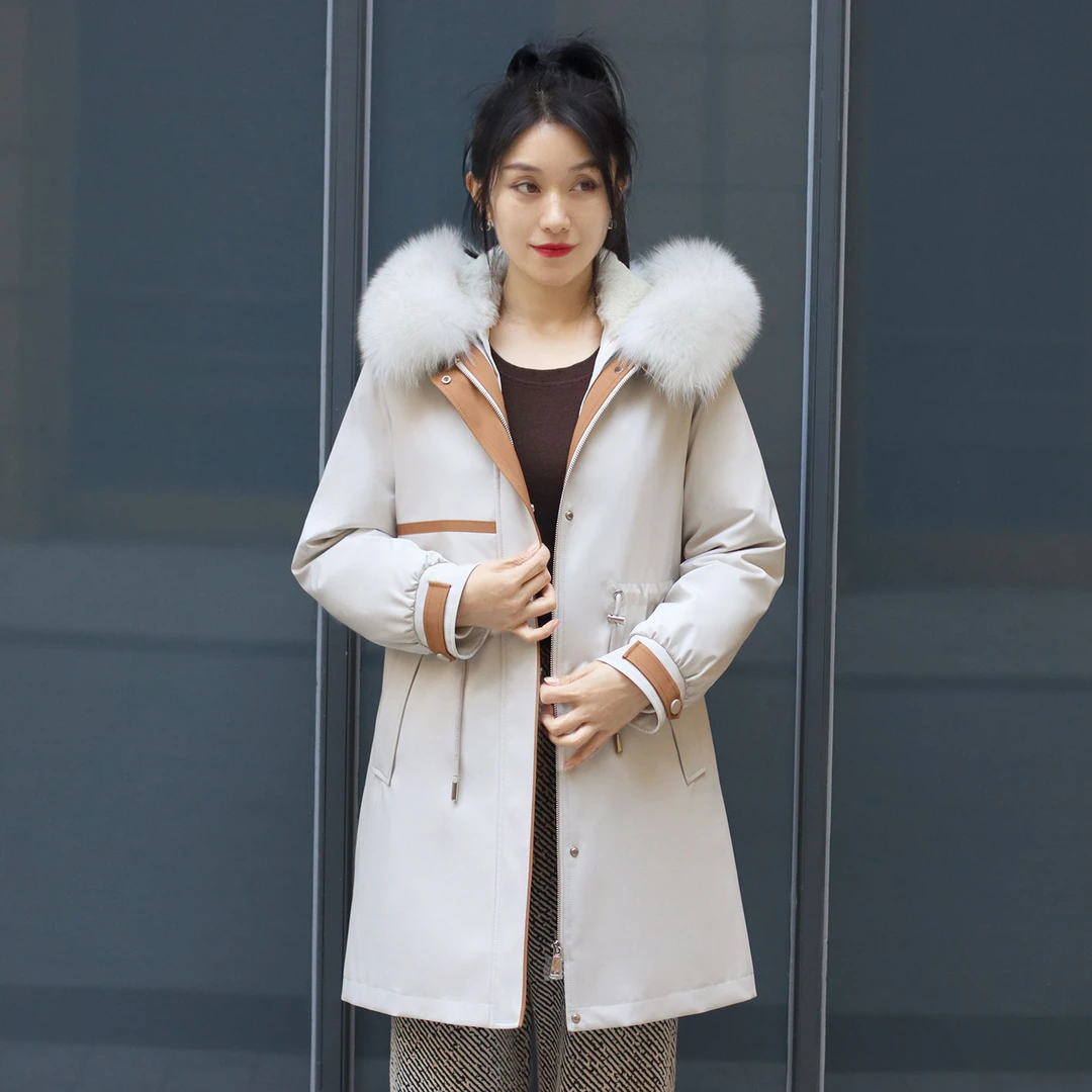 初晓2024年冬季新款女士派克服 米白+咖 时尚潮流 6823138