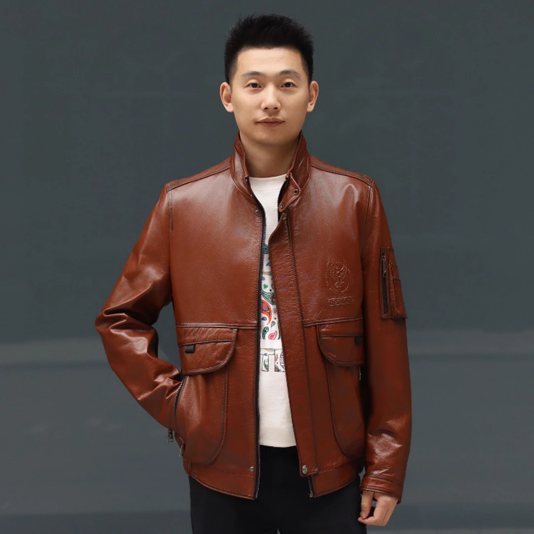 初晓2024年秋季新款男士单皮衣 黑色香槟深棕 休闲时尚经典 23027