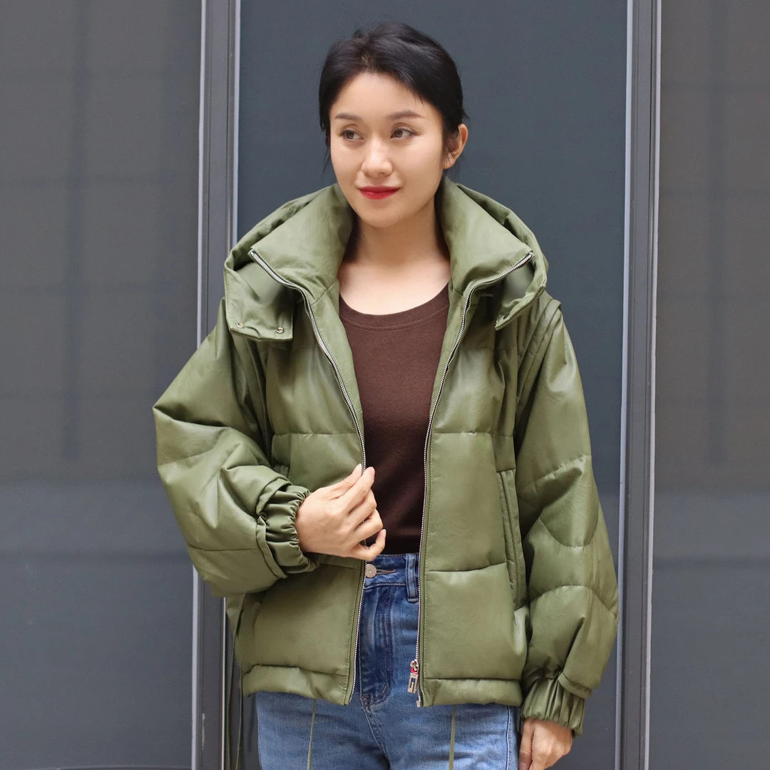 初晓2024年秋冬新款女士皮羽绒外套 绿棕米白黑 时尚百搭 1130