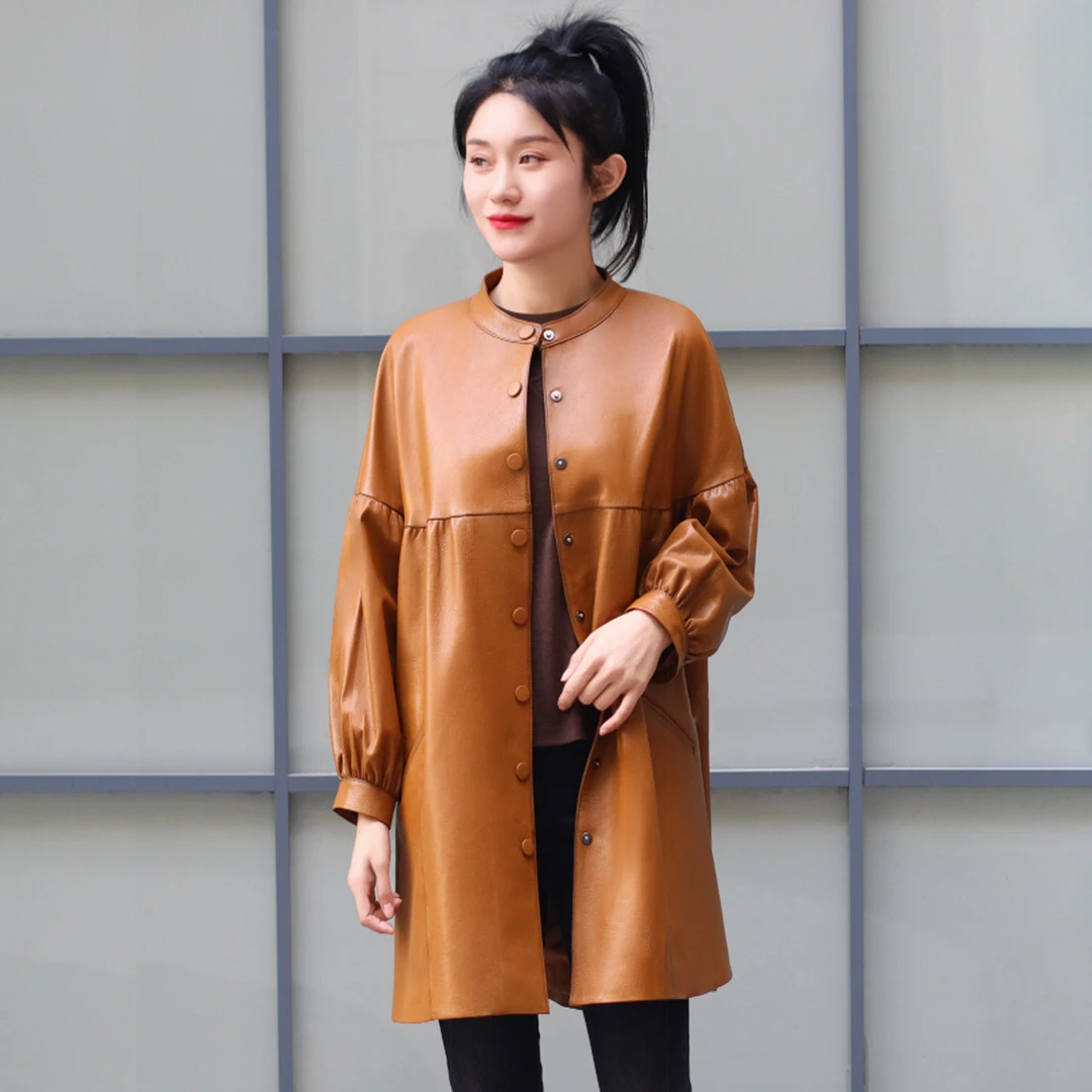 初晓2023年秋季新款女士皮衣黑色灰色黄色时尚百搭潮流长款 0038